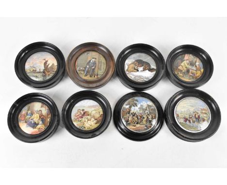 F R PRATT; eight framed Pratt Ware pot lids including 'The Ning Po River', 'The Village Wedding', etc (8).