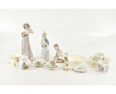 LLADRÓ; a figure of a seated girl with a scarf over her head and two Nao figures, also a collection of Royal Albert and Wedgw