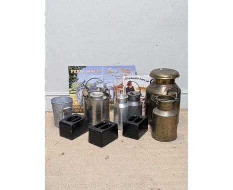 A collection of 19th century and later metalware including a brass milk churn 'Igate Creameries', height 62cm, smaller galvan