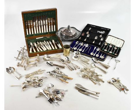 An assortment of silver plated items including an oak cased canteen of pickle knives and forks with mother of pearl handles, 