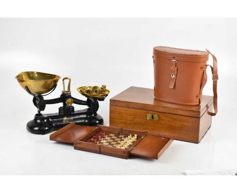 A vintage scale and weights, together with a wooden work box, a travelling chess set, a singer sewing machine and pair of Nip