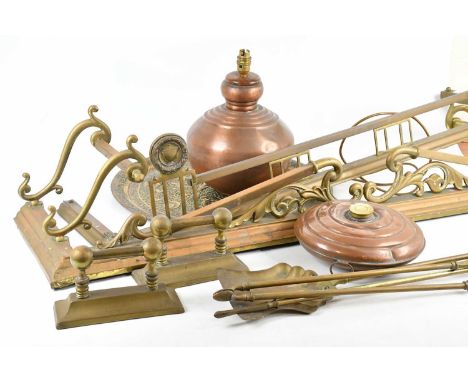 A collection of Victorian and later metalware including two fenders, larger approx 130 x 34cm, copper lamp, Eastern brass cha