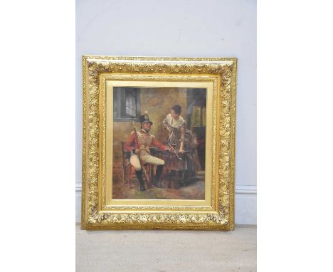 HENRY GILLARD GLINDONI (1852-1913); oil on board, a seated early 19th century British officer with rifle and pipe beside a ma
