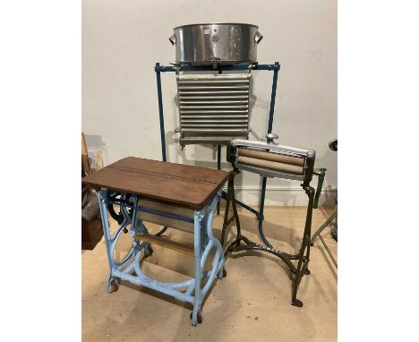 A vintage blue painted milk cooler with galvanised bucket with label 'Lister', height 161cm, a cast iron mangle 'Pioneer' and