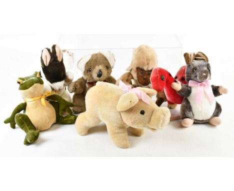 MERRYTHOUGHT; a collection of seven teddies comprising dinosaur, mouse, monkey, frog, pig, koala bear and a rabbit (7).