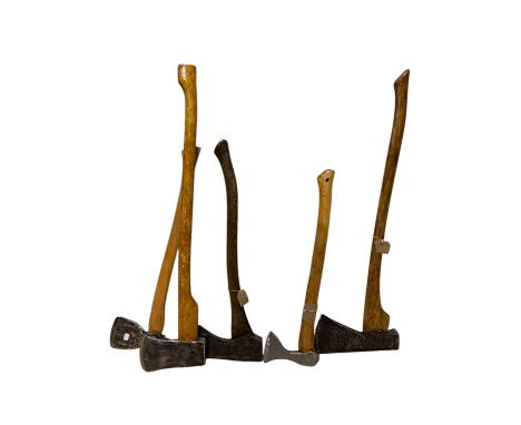 Five vintage axes including an example with blade stamped 'Elwell 2 &amp; 1/2', largest approx 91cm.