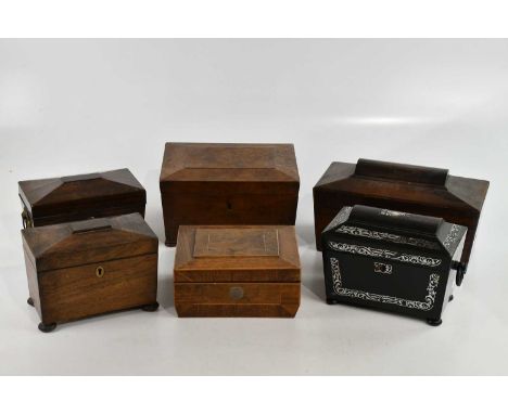 A collection of six 19th century tea caddies and boxes, to include a mother of pearl inlaid tea caddy with loop handles, leng