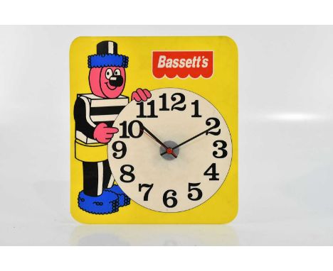 BASSETTS; a vintage advertising shop display wall clock for Bassetts Liquorice Allsorts, 30 x 27cm.