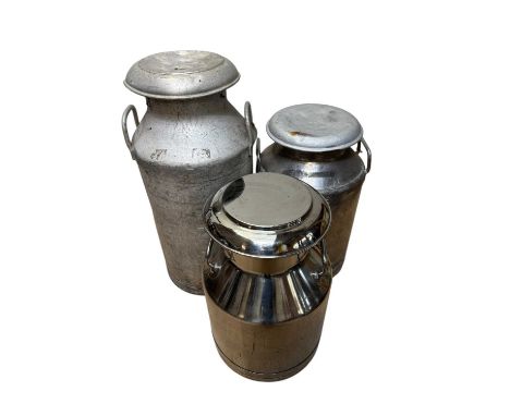 Three vintage milk churns comprising two galvenised and one chrome plated example, height of largest 72cm (3).