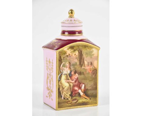 VIENNA; a hand painted tea caddy and cover depicting a classical scene, 'Jankracol una Armida', height 16cm.Condition Report: