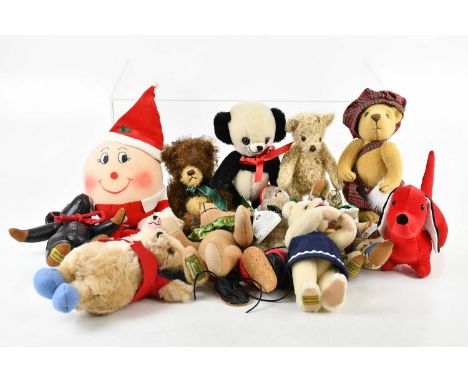 MERRYTHOUGHT; a collection of teddy bears including panda, faux leather example, red dachshund, Humpty Dumpty, etc (qty).