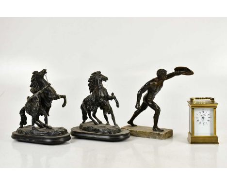 A pair of bronzed spelter Marly horses, bronzed metal figure of a soldier, and an Epee carriage clock (3)