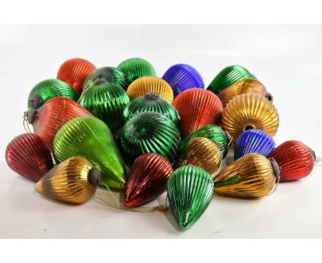 A collection of twenty-four vintage style Christmas decorations, modelled as fluted coloured glass baubles and tear drop baub