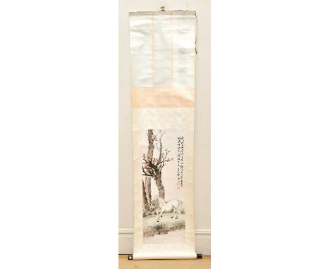 A modern Chinese scroll painting depicting white horse, approx 220 x 49cm.Condition Report: Some areas of staining.