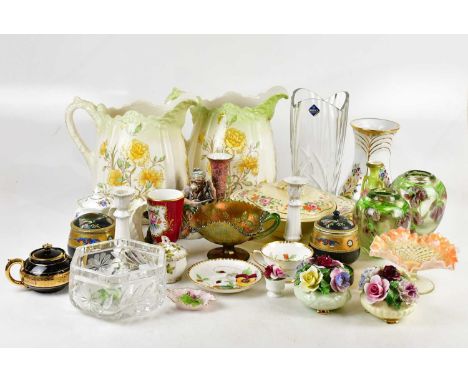 An assortment of decorative ceramics and glassware, including a pair of Maling blue and white vases, height 23cm, pair of art