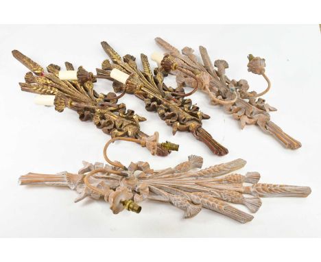 A pair of reproduction gilt twin bench wall brackets with floral decoration, height 70cm, and a similar smaller pair (4).Cond