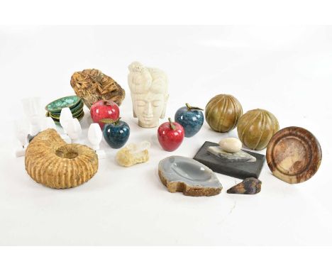A collection of modern stone carvings, specimens and decorative items, to include four paperweights modelled as fruit, talles