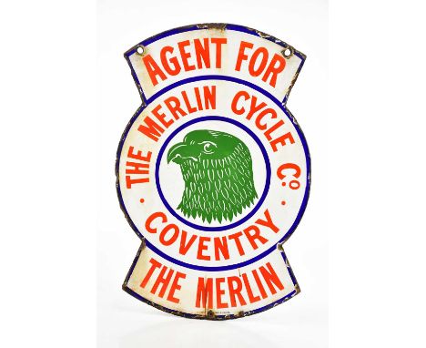 An original advertising double sided pictorial enamel sign, 'Agent for the Merlin Cycle Company, Coventry', with indistinct m