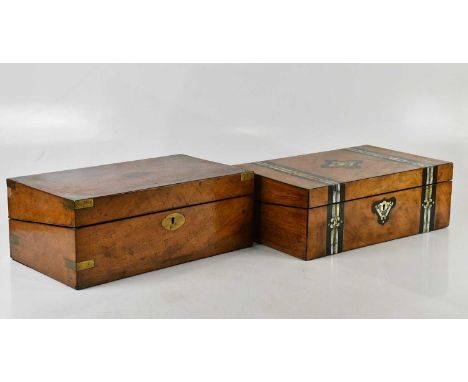 A 19th century walnut tea caddy with amboyna and mother of pearl inlaid decoration, width 40cm, and a further Victorian brass