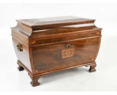 A large 19th century inlaid mahogany and rosewood tea caddy of large proportions, with replacement fitted interior, on bracke