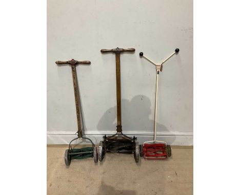 Three vintage push lawn mowers, including a Minor Dux example (3).
