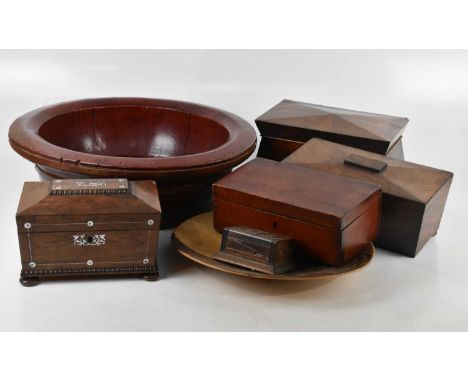 A 19th century oak and mahogany sarcophagus shaped tea caddy, length 30cm, with a mother of pearl inlaid rosewood tea caddy, 