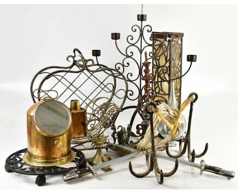 A mixed collectors' lot including a pair of bayonets mounted as a cross, a binnacle type compass, three cast metal pan stands