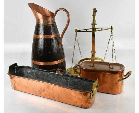 A collection of 19th century and later metalware including copper fish kettle, brass balance scales and weights, also a coppe