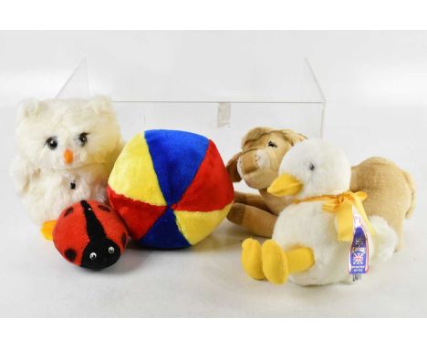 MERRYTHOUGHT; a collection of five teddies comprising duck, owl, cow, ladybird and a beach ball (5).