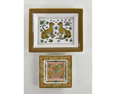 HERMES; a rectangular tray decorated with two leopards, probably Limoges porcelain, length 21cm, a smaller Rosenthal for Vers
