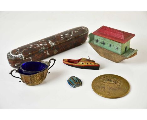 A vintage painted pine miniature model of Noah's Ark with assorted wooden animals, an Indian spectacle case decorated with ba