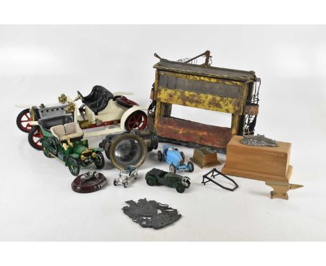 MAMOD; a steam model vehicle, assorted diecast vehicles, a bicycle lamp, an unusual wooden and metal scratch built two tier t