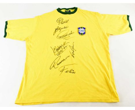 BRAZIL; a 1970 World Cup Winners retro style football shirt, signed by Pelé, Jairzinho, Carlos, Alberto, Félix, Rivellino, Pi