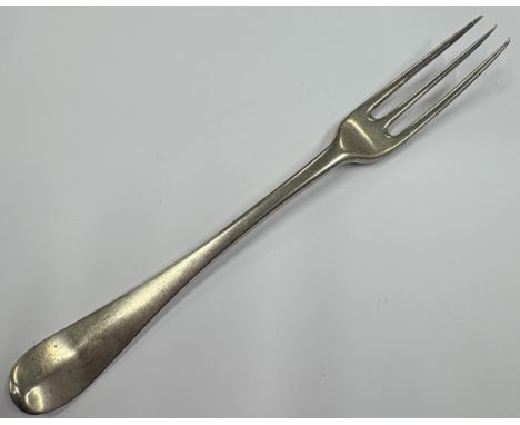 An 18th Century silver three-prong fork. London 1736. By Pierre Harache. Approx. 63 grams. Est. £100 - £150.