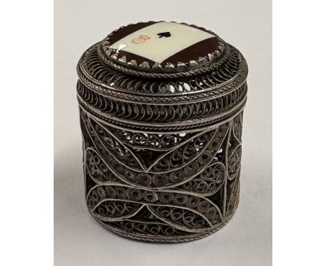 An unusual filigree 18th Century silver and enamelled counter box with lift-off cover decorated with playing card. Approx. 17