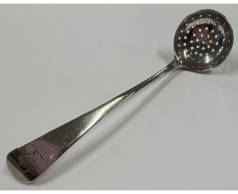 A pierced George III silver toy toddy ladle with crested decoration. London 1797. By Richard Crossley. Approx. 15 grams. Est.