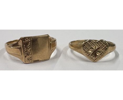 Two 9 carat signet rings. Approx. ring sizes K and L. Approx. 4 grams. Est. £40 - £60.