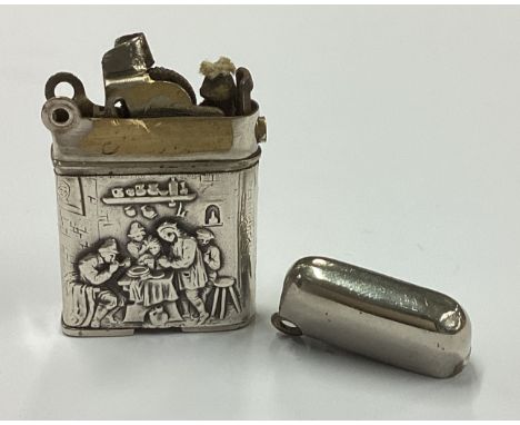 An unusual silver mounted lighter chased with figures. Marked 935. Approx. 40 grams. Est. £20 - £30.