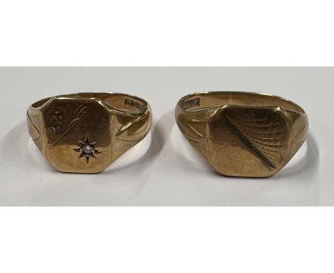 Two 9 carat signet rings. Approx. ring size R and U. Approx. 10 grams. Est. £100 - £150.