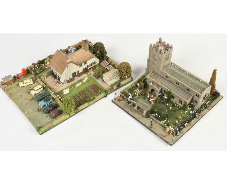 Group of 4mm (OO) scale Kit built Diorama boards - Two Styles of Church, One Pub and One Scratch built Coal Mine. Generally w