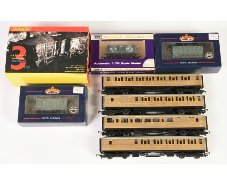Assorted group of Wagons and Carriages - Hornby R6305 Wagon Pack, Bachmann 2x 38-081 and Dapol NY MR Loco Hopper. and a rake 