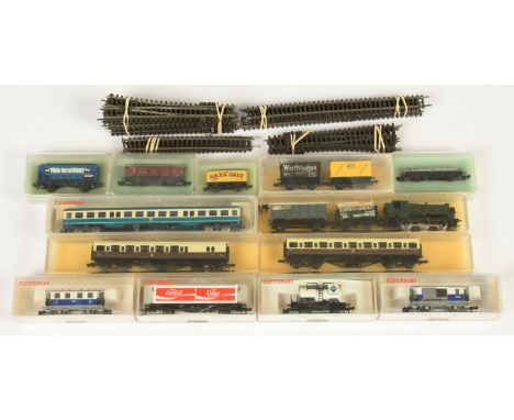 Fleischmann &amp; Similar N Gauge mixed group of items comprising of Steam Locomotive, Coaches, Wagons and Track. Please note