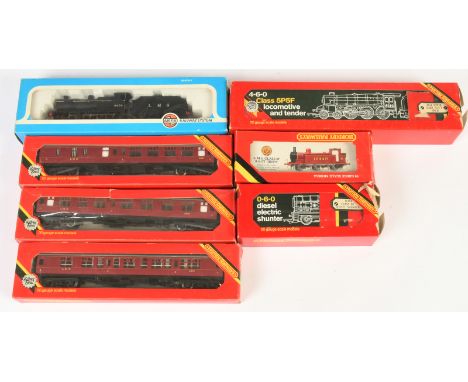 Assortment of Hornby (GB) and Airfix item - 2x R.935 an one R.936 LMS Carriages, R.052 LMS Jinty (Wheels are Contaminated wit
