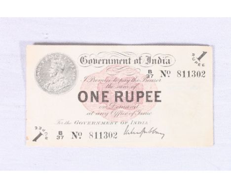 INDIA one rupee banknote 1917 Gubbay, rayed star in square watermark B/37 811302, Government of India and George V obv. portr