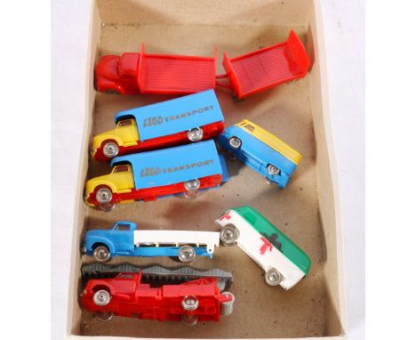 Early Lego System vehicles including VW campervan, Transport vans, flatbed lorry with trailer, fire engine etc 