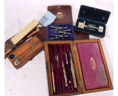 Elliott Brothers of London no22 map measure in fitted case, Unique universal II slide rule, Matheson of Edinburgh compass and