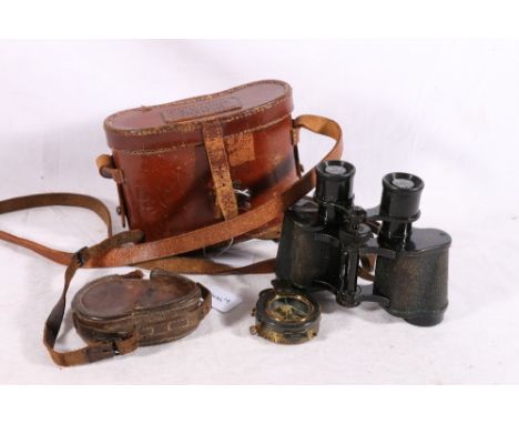 WWI vernier type compass in leather carrying case and a pair of WWII period Telgon Hensoldt Wetzlar 8x30 binoculars in leathe