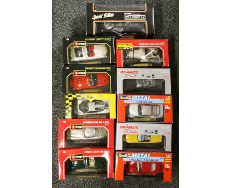 Five Burago 1/24 scale diecast model vehicles including 0513, 1509, 1524, 1507 and 0522, two Revell 1/24 scale die-cast model