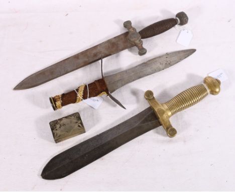 French 1832 model foot artillery cabbage cutter sword with cut down blade and two other daggers each stamped ASA also a WWI w