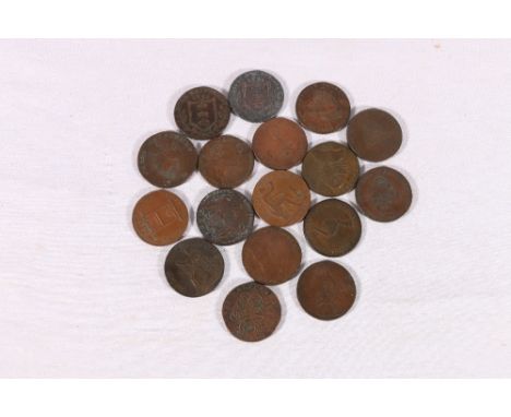 A collection of English tokens including Petersfield half penny 1799, Manchester half penny 1793, Leeds half penny 1791, Macc